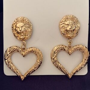 New gold heart and lion pierced drop earrings